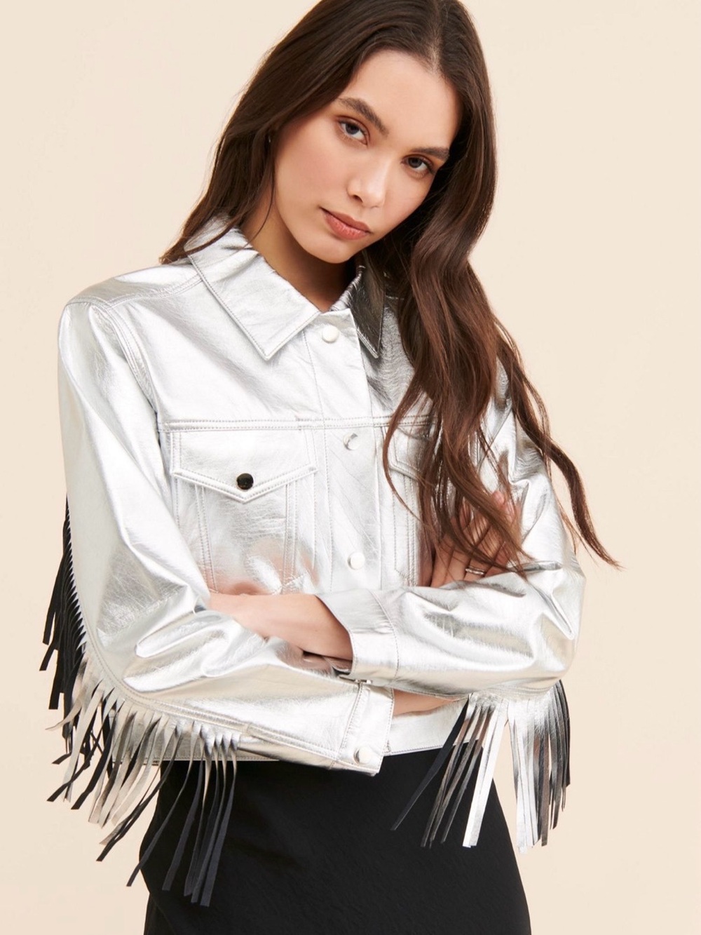Free People Jules Kae Talia Fringe Jacket Metallic Silver Size Small